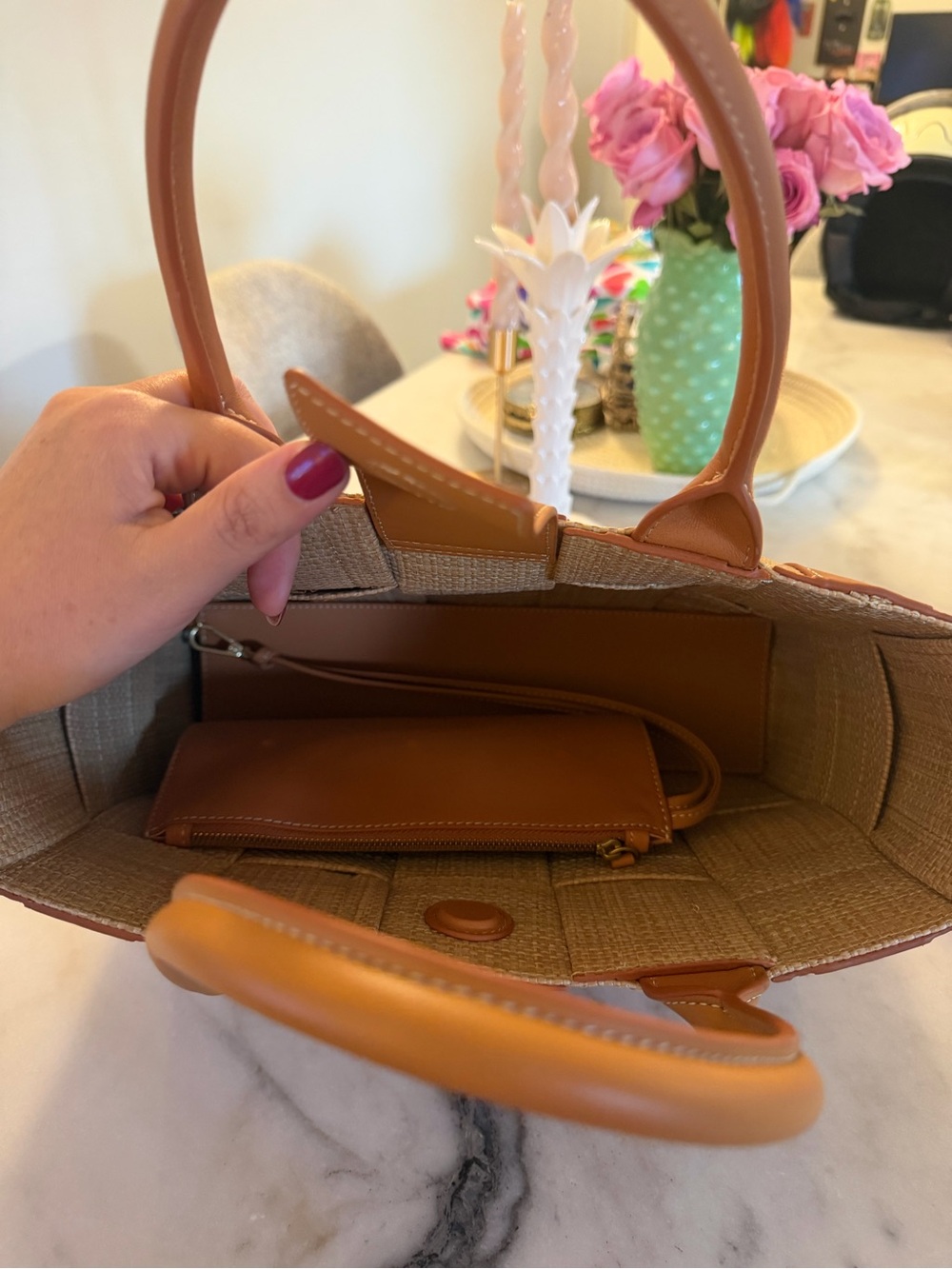 Woven Leather-Trim Tote Bag in Tan - Picture 4 of 5